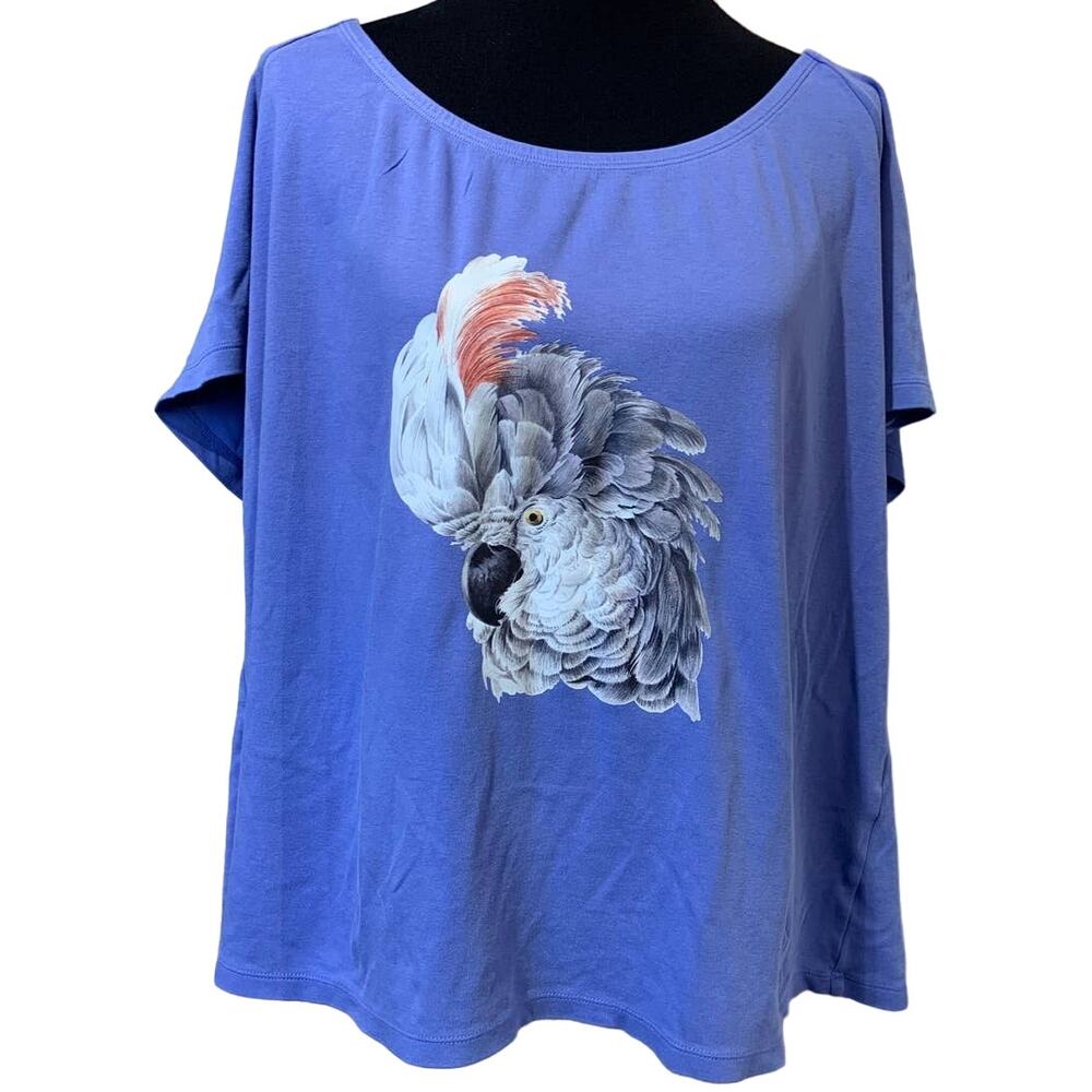 Upcycled Hand Printed Womens 2X White Cockatoo Parrot Ukraine Fundraiser Tee